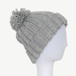 Customized Simple Beanie Knitted Winter Cuffed Hat with Ball and Metal Yarn
